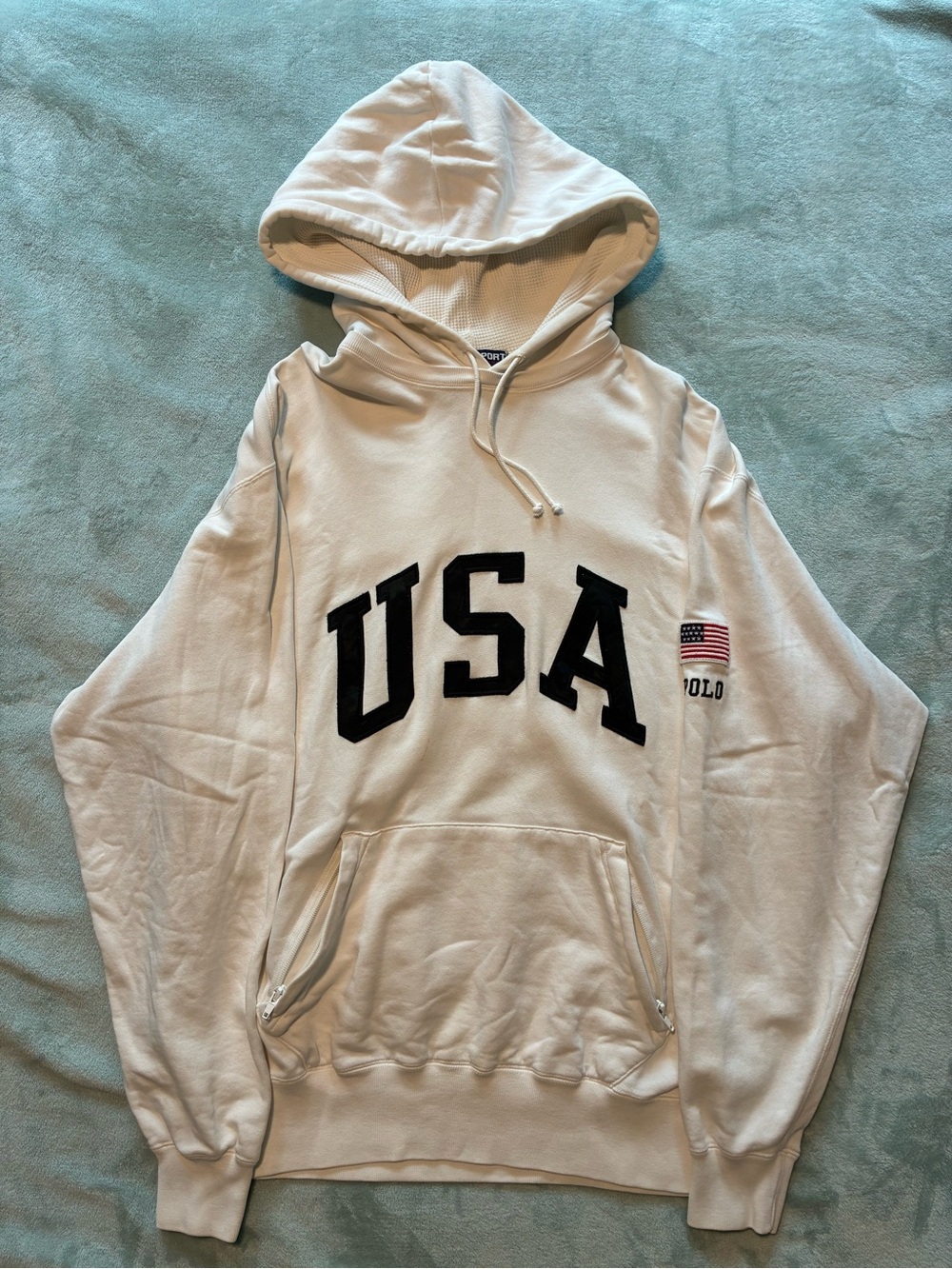 Polo by Ralph Lauren Cream Hooded Sweatshirt with Black USA Applique